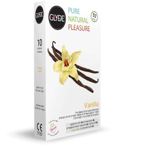 10 קונדומים שקופים  וטבעיים רוחב 53 ממ אורך 18 סמ  Glyde Ultra Vanilla