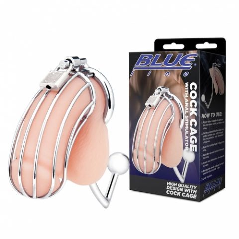 חגורת צניעות ממתכת עם ממריץ אנאלי Blue Line - Cock Cage With Anal Stimulator